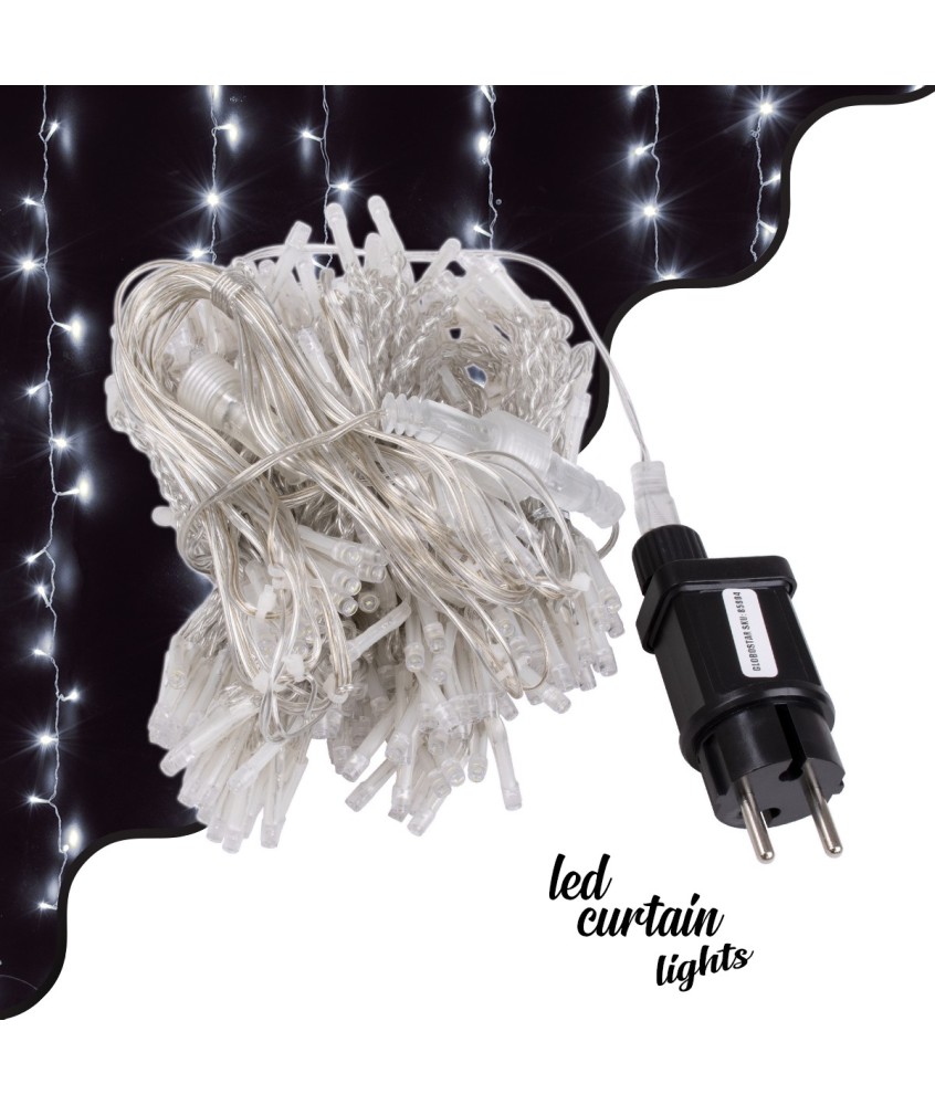 85804 Διακοσμητική Κουρτίνα 3 x 3 Μέτρα με Controller 8 Προγραμμάτων Φωτισμού - Επεκτεινόμενη 300 LED 6W AC 230V με Διάφανο Καλώδιο & Πρίζα Schuko Αδιάβροχη IP44 Ψυχρό Λευκό 6000K Μ3 x Υ3m